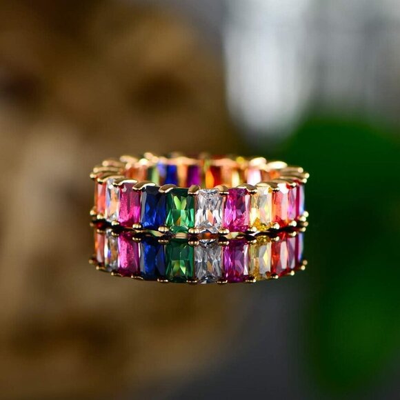 Women's Rainbow Eternity Ring 18K Gold Plated Multi-Color Gemstone Jewelry - Picture 5 of 6
